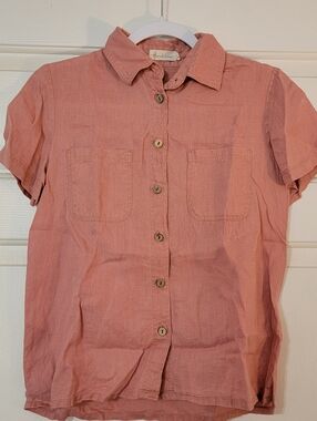 Women's Peach Colored  Linen Button Up Short Sleeve Blouse